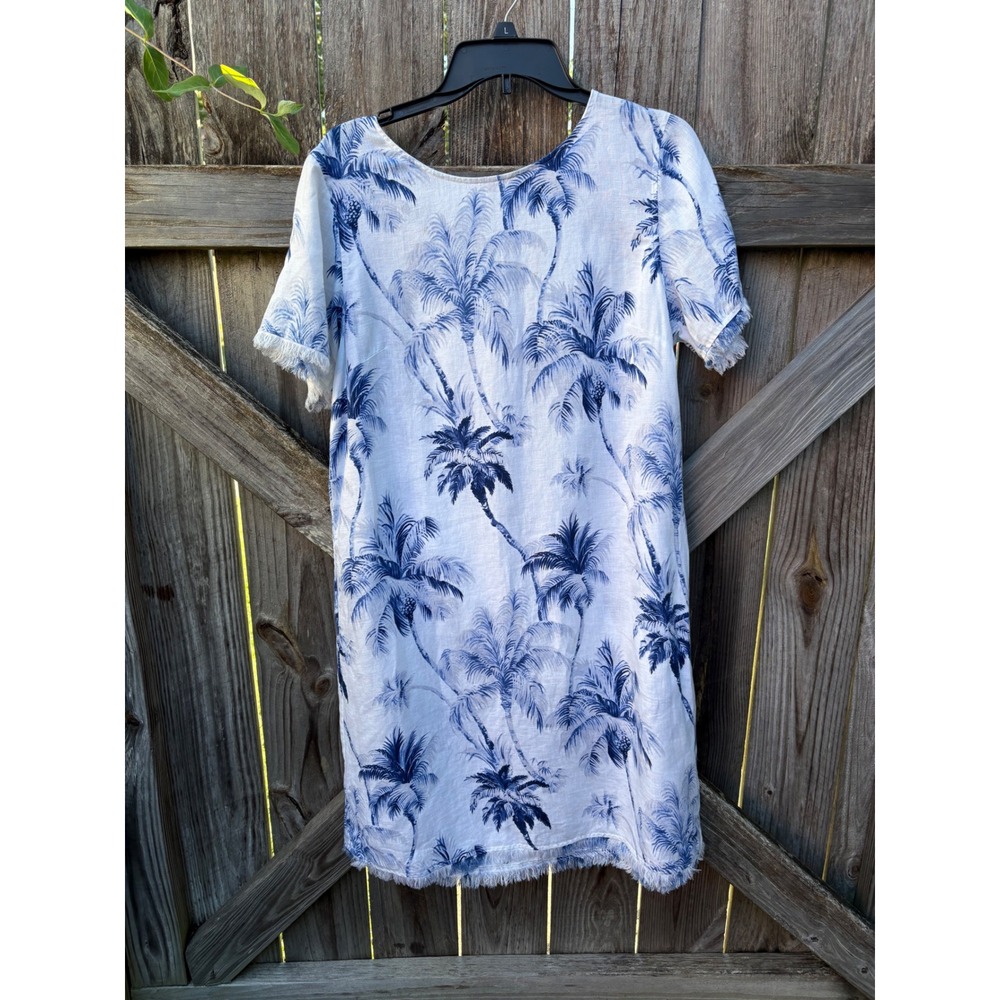 Tommy Bahama Blue White Palm Tree Linen Fringed Shift Dress TW614285 Medium